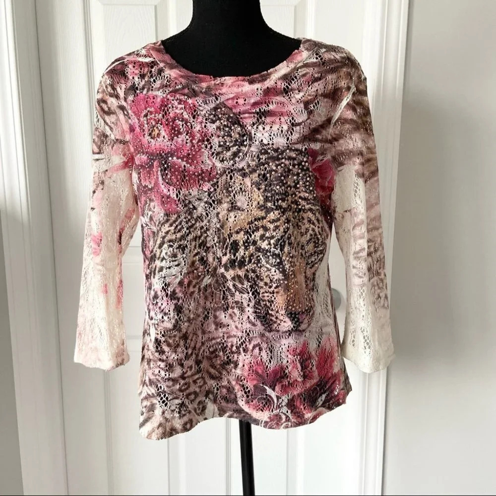Vintage Cactus Leopard Print Embellished Open Knitted Top